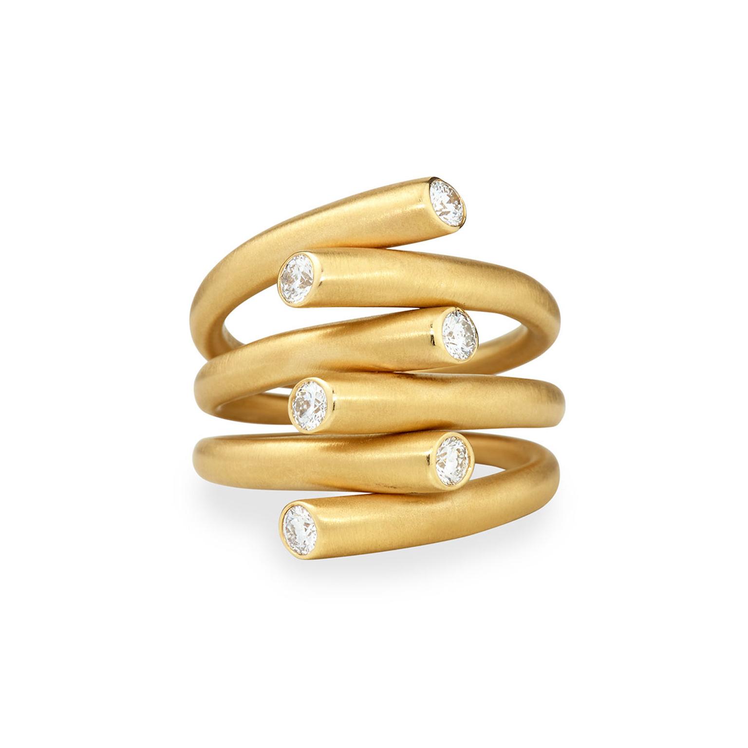 Carelle multi-row matte gold ring with diamonds